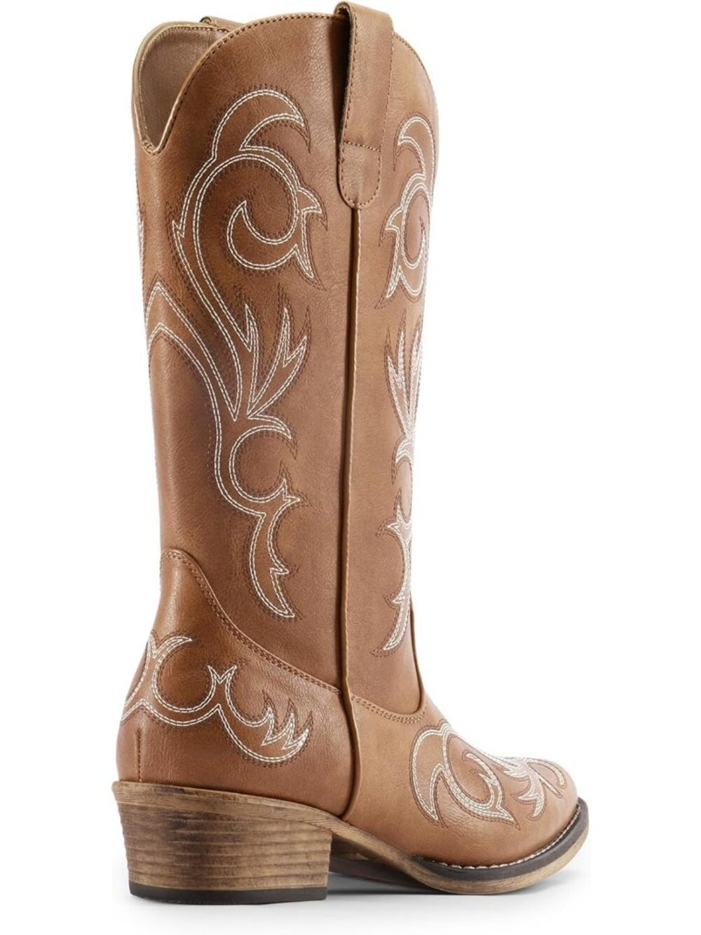 Woman's Tan Square Toe Embroidery Stitched Chunky Heel Mid Calf Cowgirl Boots - Picture 6 of 6